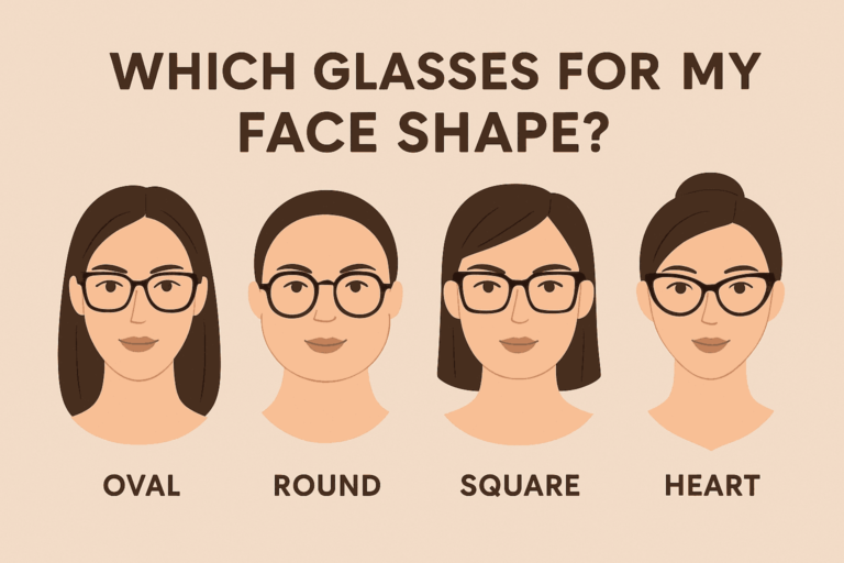Illustration showing different face shapes Oval, Round, Square, and Heart with corresponding eyeglass styles