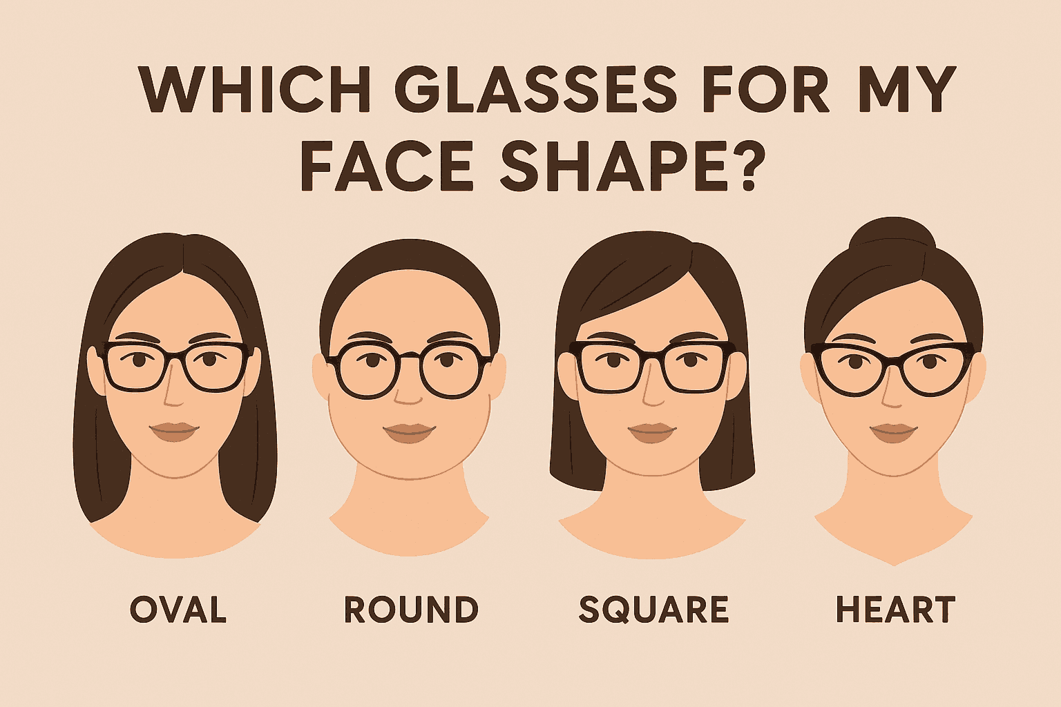 Illustration showing different face shapes Oval, Round, Square, and Heart with corresponding eyeglass styles