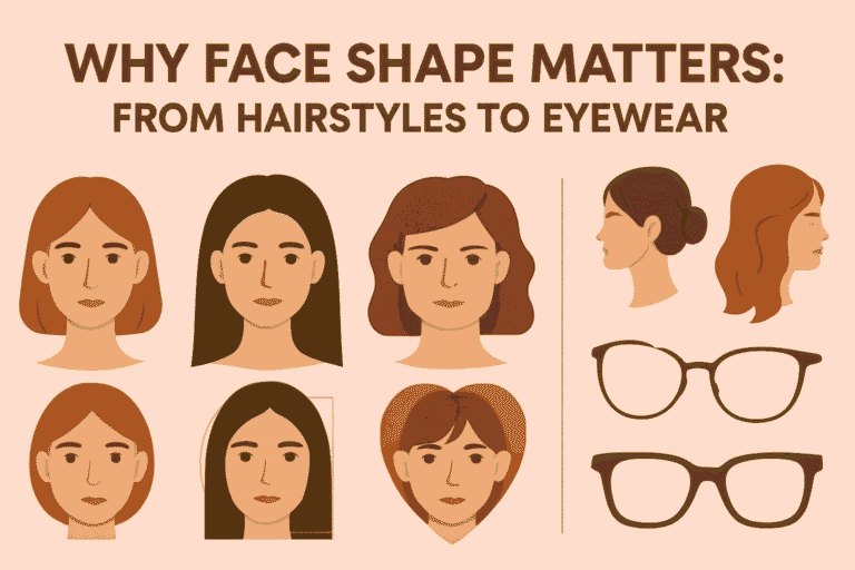 Infographic showing different female face shapes, matching hairstyles, and suitable eyewear styles