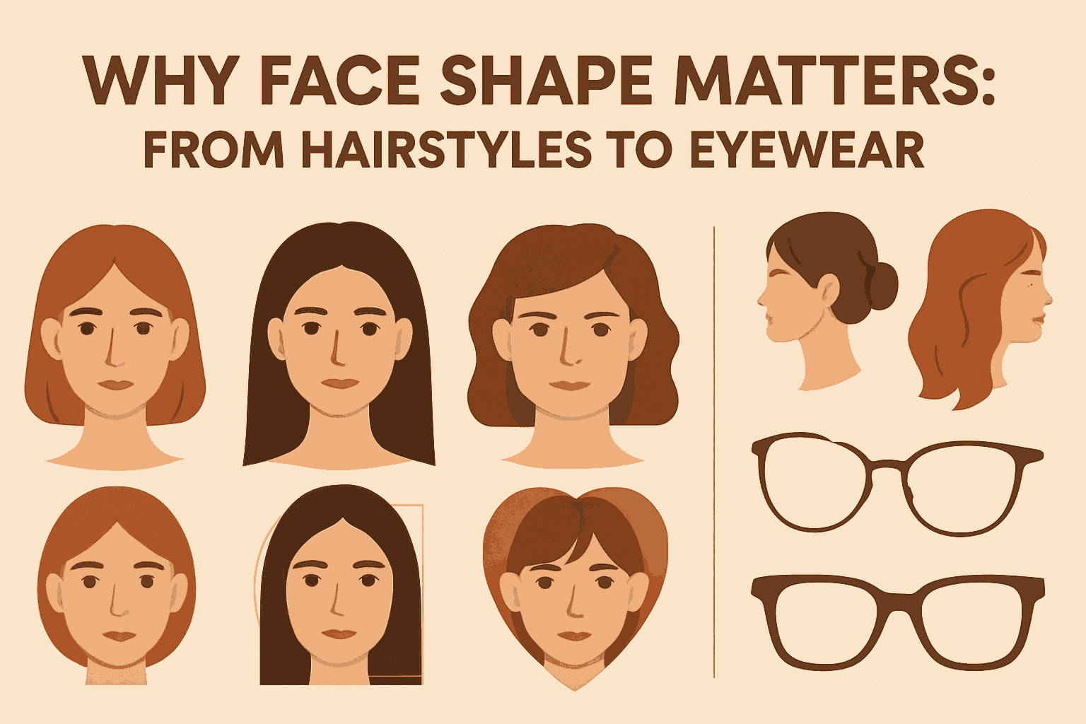 Infographic showing different female face shapes, matching hairstyles, and suitable eyewear styles