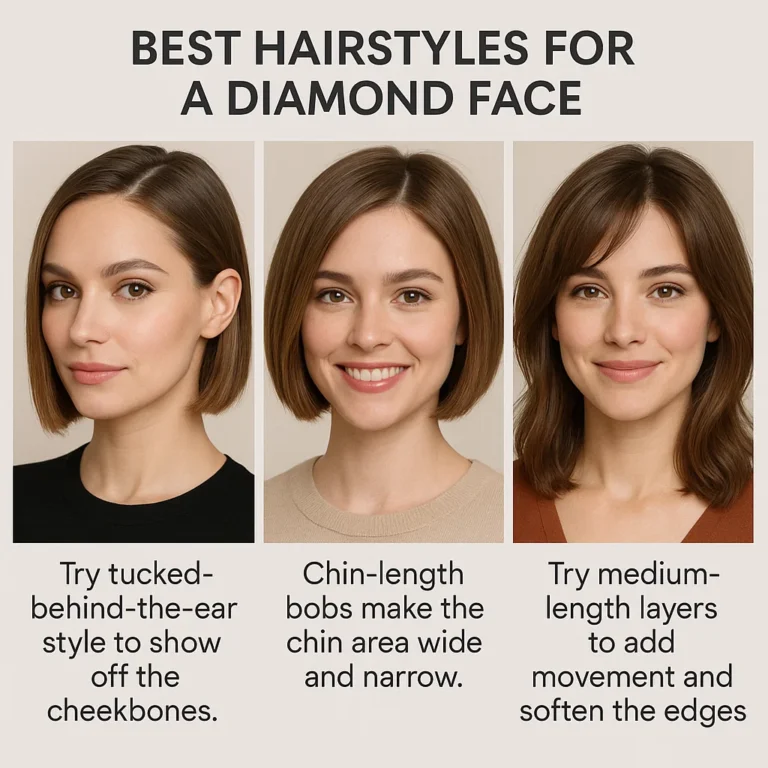 Three best hairstyles for a diamond face: tucked-behind-the-ear bob, chin-length bob, and medium-length layers with soft edges