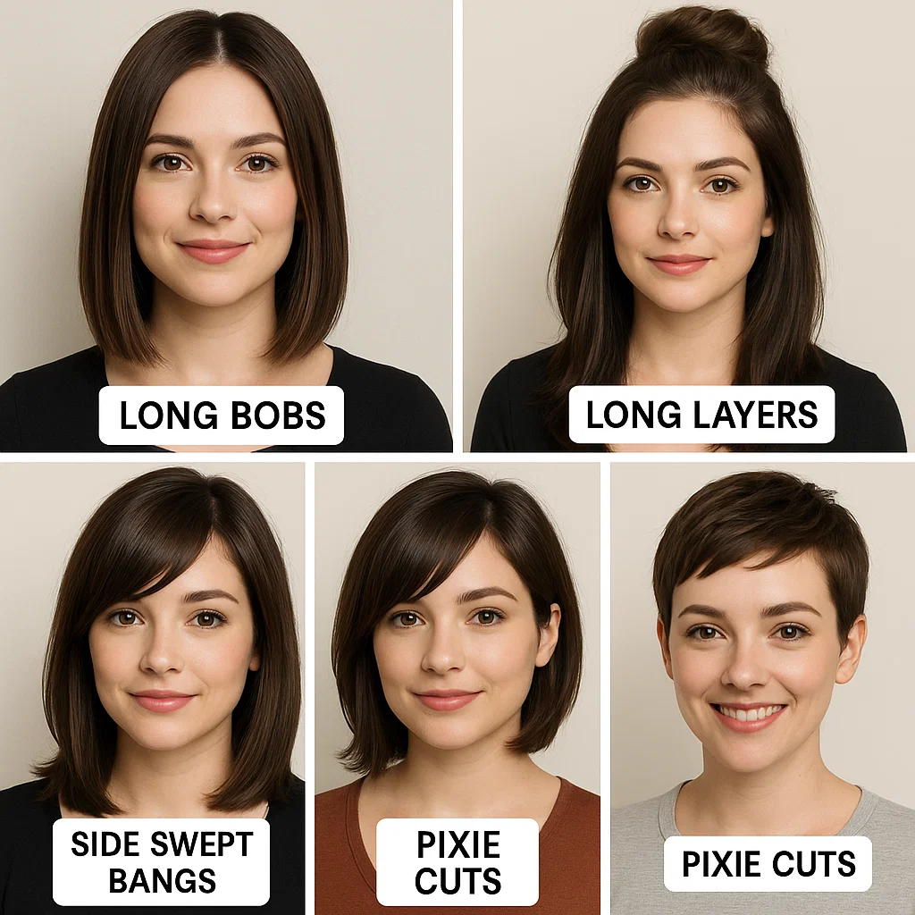 Best Hairstyles For a Round Face:

Long Bobs: Try a lob that ends below the chin to balance the cheeks.

Long Layers: Try layers that start from the chin to make your face look longer, helping pull the face down.

High Buns: Adding more volume on the top will also make your face look longer, creating an illusion.

Side Swept Bangs: This hairstyle breaks up the roundness.

Pixie Cuts: Angled bobs or pixie cuts are best for a round face, especially when you need short hair.