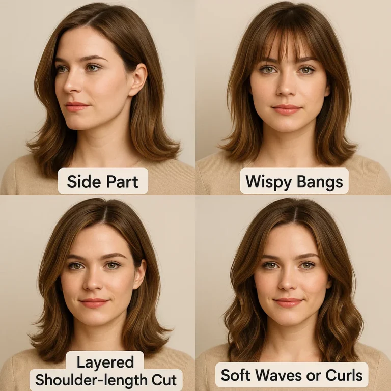 Women with side part, wispy bangs, layered shoulder-length cut, and soft waves or curls hairstyles.