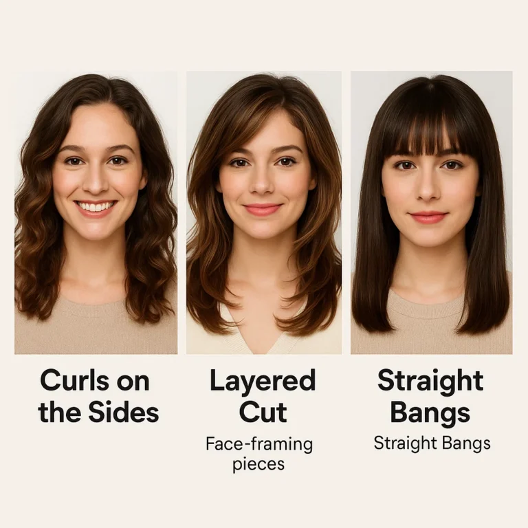 Three women with different hairstyles: curls on the sides, a layered cut with face-framing pieces, and straight hair with straight bangs.