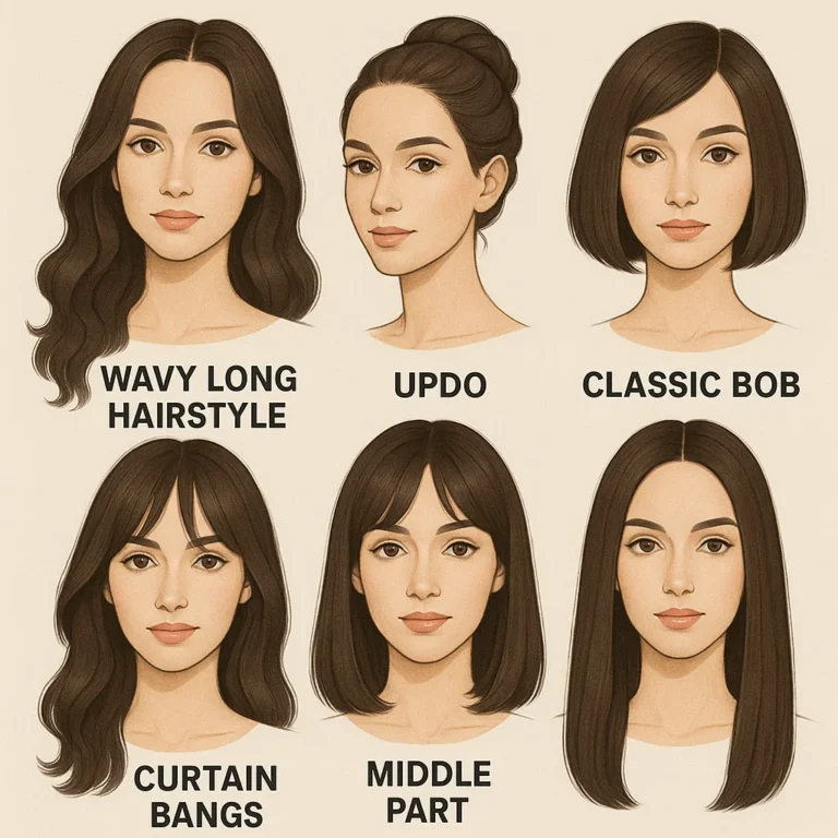 women with different hairstyles including wavy long hair, updo, classic bob, curtain bangs, middle part, and straight hair